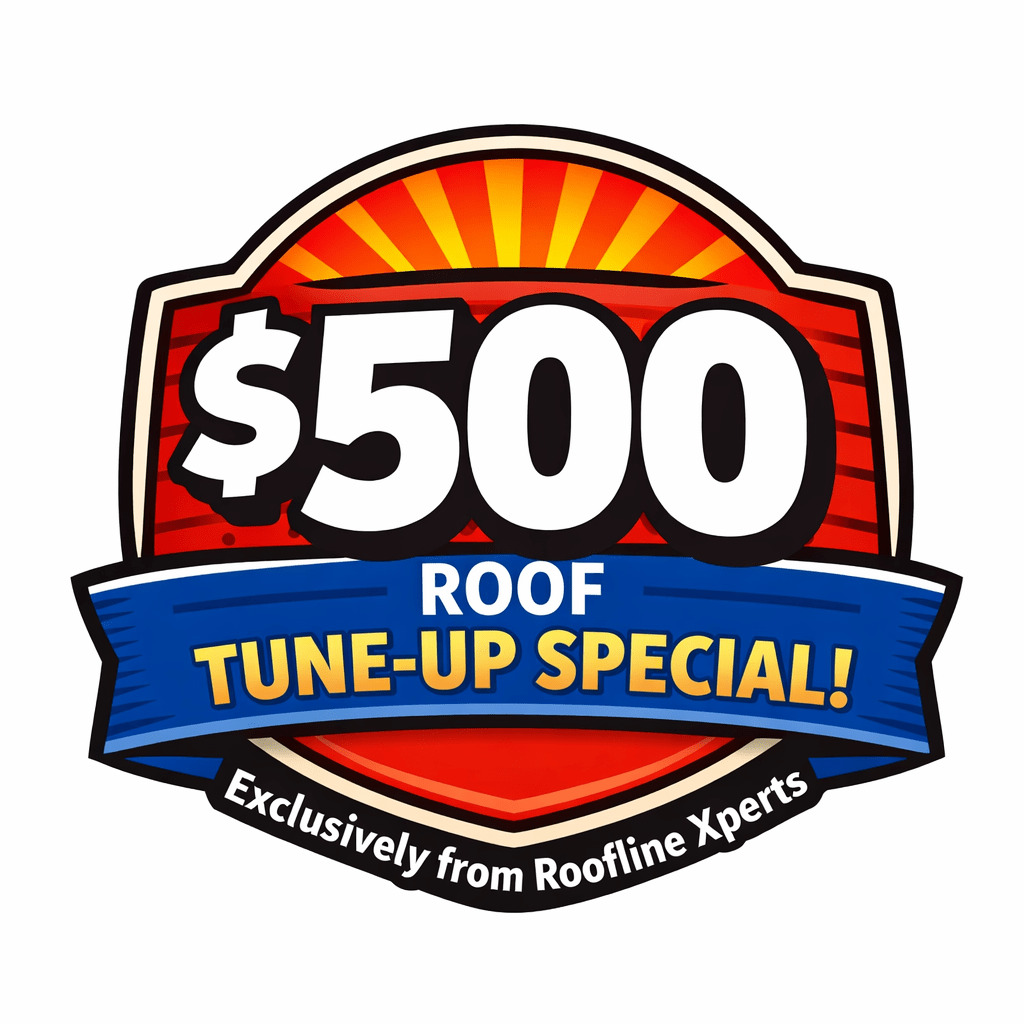 Roof Tune Up Exclusively From Roofline Xperts for Older Roofs in Raleigh NC image shows logo for Roofline Xperts $500 Roof Tune Up